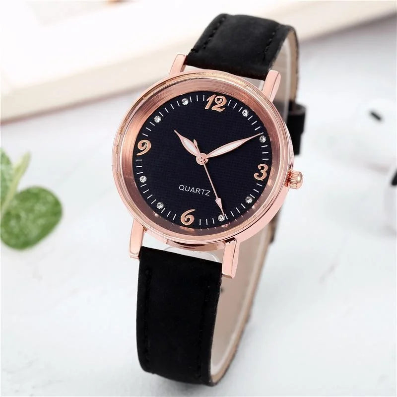 Women’s Elegant Quartz Watch | Slim Case | Crystal Hour Markers | Leather Strap