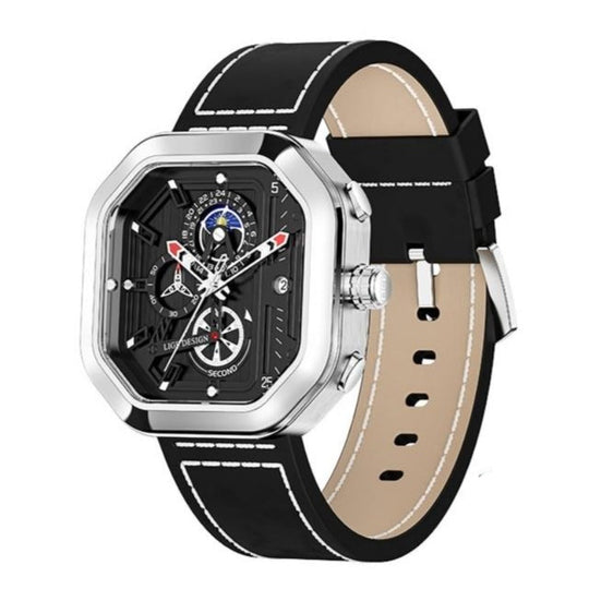 Men’s Square Chronograph 45 mm | Quartz, Moonphase & Calendar | Leather Strap | 3 ATM