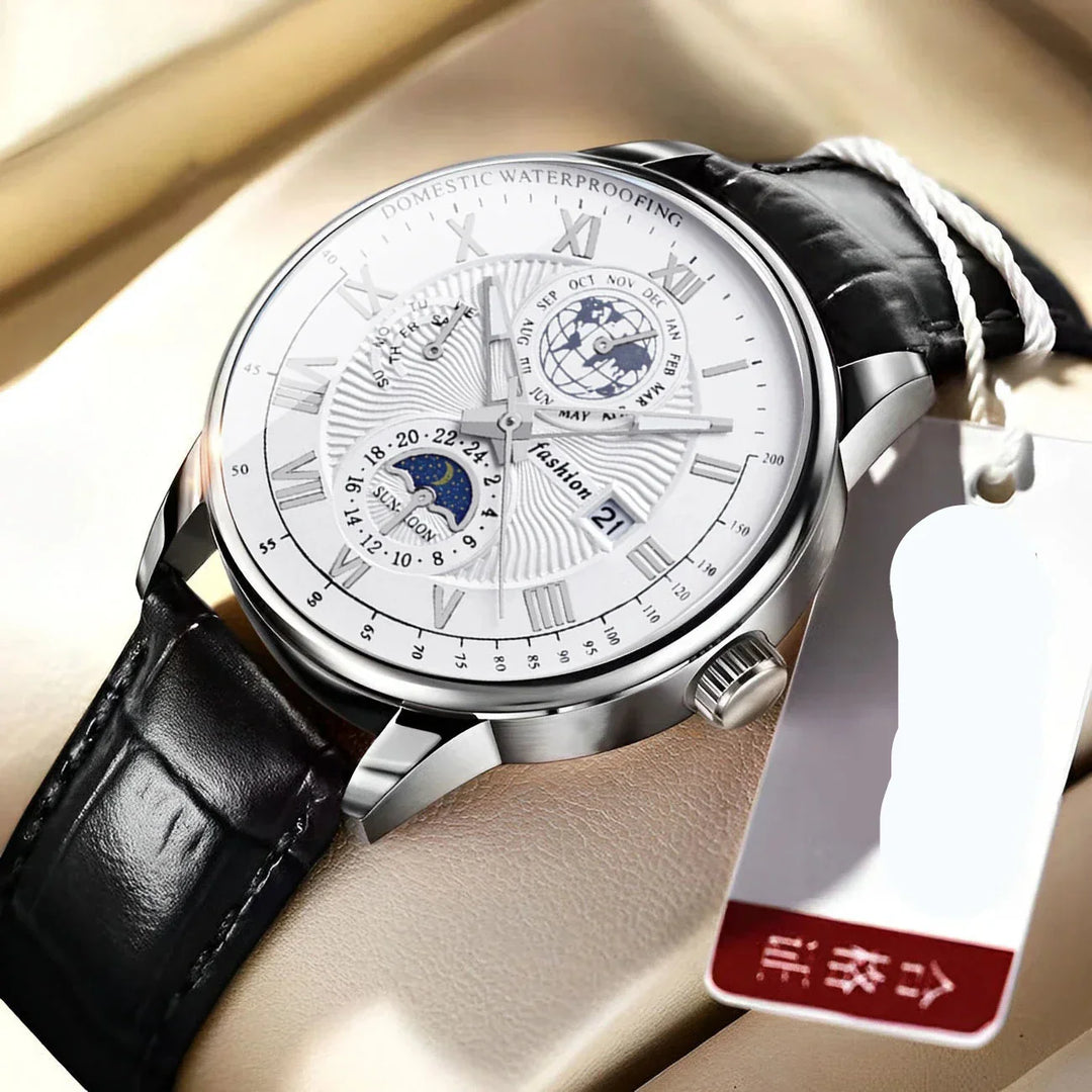 Men’s Business Moonphase Quartz Watch | Chronograph-Style Dial & Date | Leather Strap