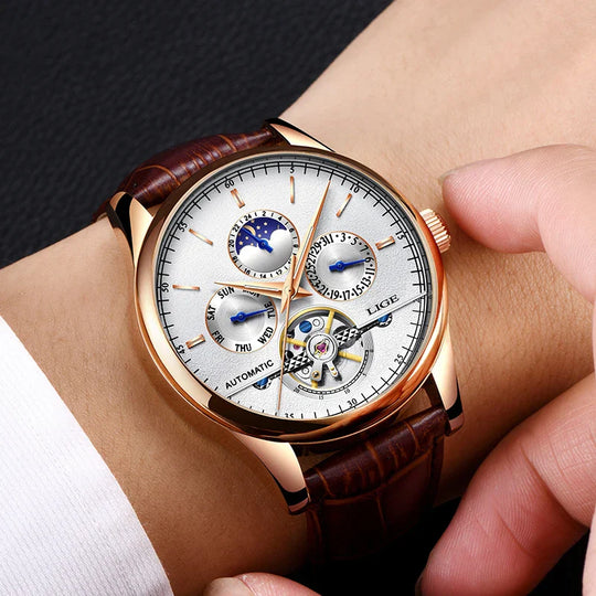 Men’s Automatic Moonphase Tourbillon Watch | 43 mm | Leather Strap | Multi-Function Calendar