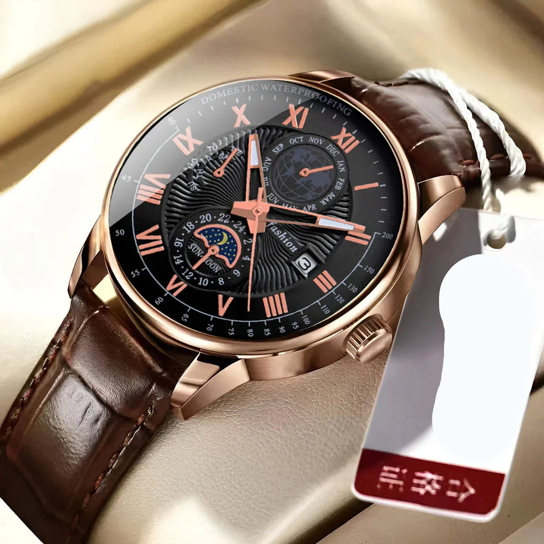 Men’s Business Moonphase Quartz Watch | Chronograph-Style Dial & Date | Leather Strap