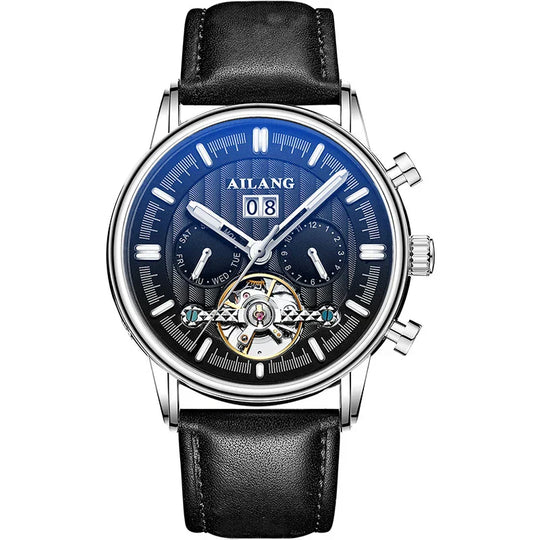 Men’s Tourbillon-Style Automatic Watch 41 mm | Day-Date Dual Subdial | Leather Strap | 3 ATM