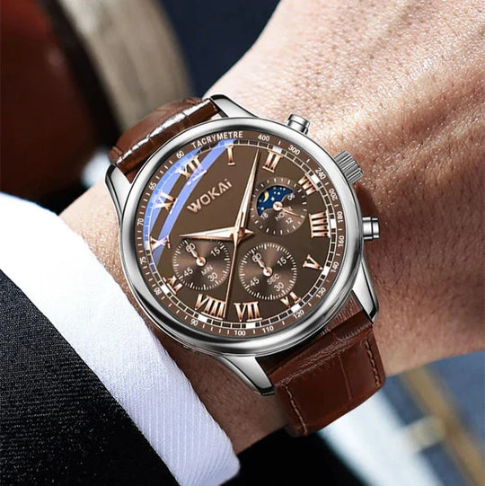 Men’s Business Moonphase Quartz Watch | Chronograph-Style Dial & Calendar | Leather Strap