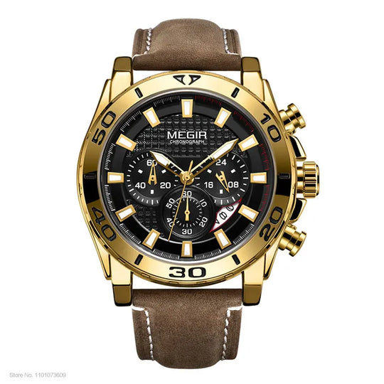 Men’s Luxury Sport Chronograph 48 mm | Gold Bezel Diver-Style | Black Dial | Leather Strap | Quartz & Date | 3 ATM
