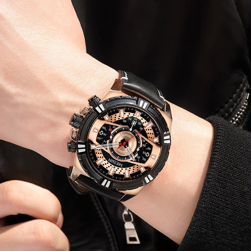 Men’s Sport Chronograph Watch | 47 mm Oversize Case | Date Display | 3 ATM | Leather Strap