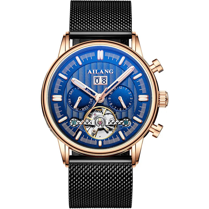 Men’s Tourbillon-Style Automatic Watch 41 mm | Day-Date Dual Subdial | Leather Strap | 3 ATM