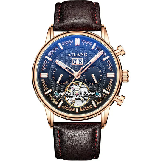 Men’s Tourbillon-Style Automatic Watch 41 mm | Day-Date Dual Subdial | Leather Strap | 3 ATM