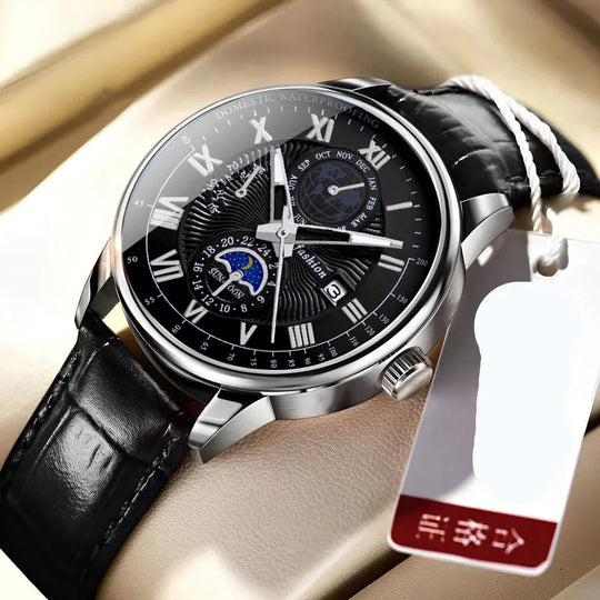 Men’s Business Moonphase Quartz Watch | Chronograph-Style Dial & Date | Leather Strap