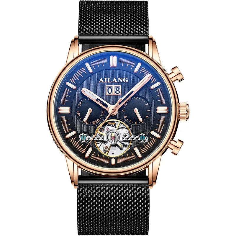 Men’s Tourbillon-Style Automatic Watch 41 mm | Day-Date Dual Subdial | Leather Strap | 3 ATM