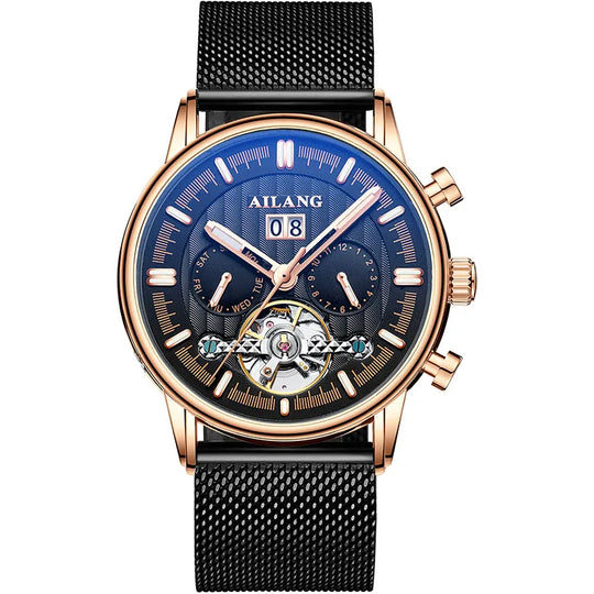 Men’s Tourbillon-Style Automatic Watch 41 mm | Day-Date Dual Subdial | Leather Strap | 3 ATM