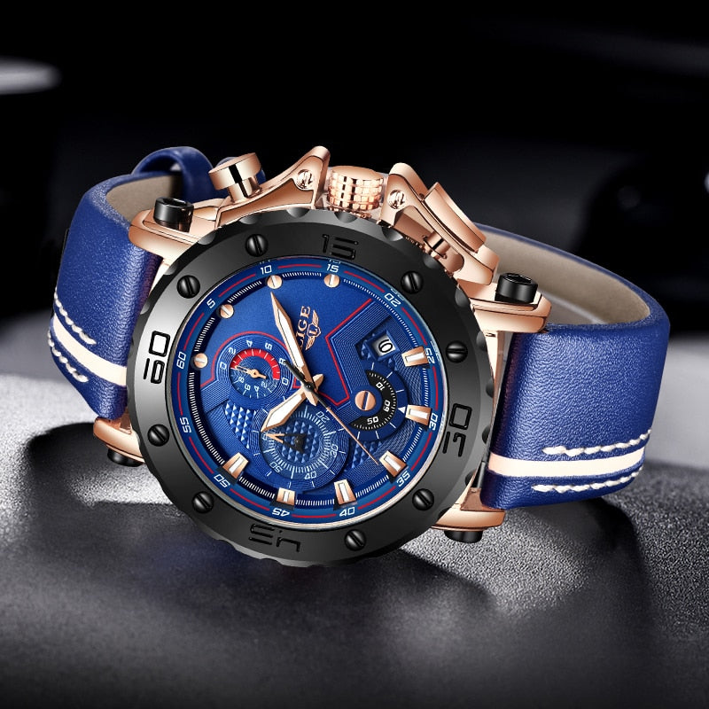 Men’s Military Chronograph Sports Watch | 42 mm Case | Leather Strap | 3 ATM Water Resistant