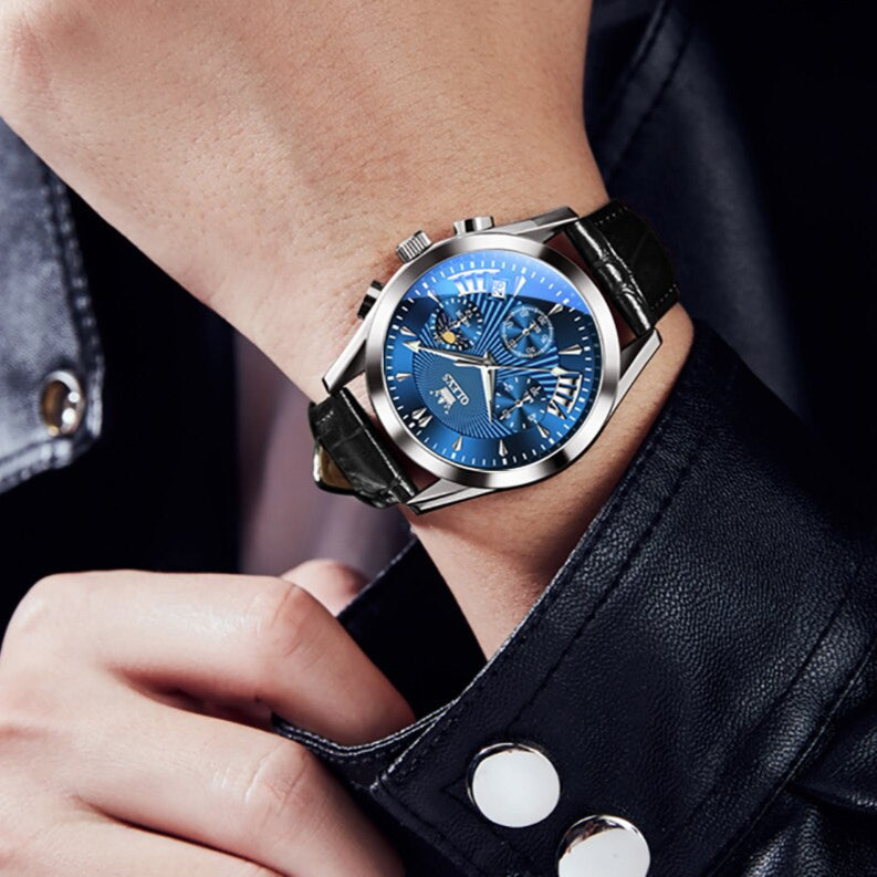 Men’s Classic Chronograph-Style Dress Watch | 40 mm Case | Date Window | 3 ATM | Leather Strap