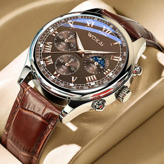 Men’s Business Moonphase Quartz Watch | Chronograph-Style Dial & Calendar | Leather Strap