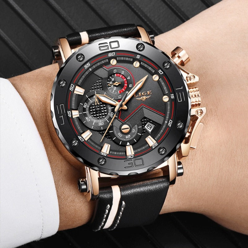 Men’s Military Chronograph Sports Watch | 42 mm Case | Leather Strap | 3 ATM Water Resistant