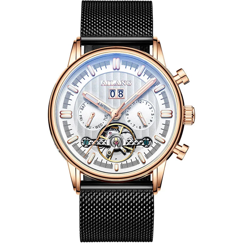 Men’s Tourbillon-Style Automatic Watch 41 mm | Day-Date Dual Subdial | Leather Strap | 3 ATM