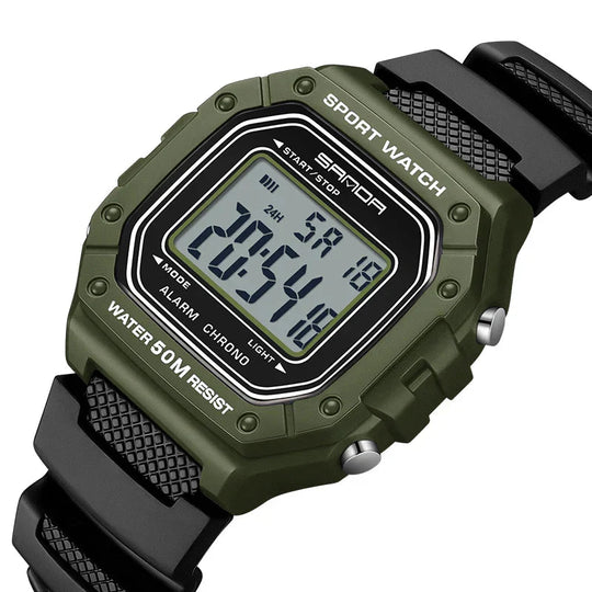 Men’s Military Digital Sport Watch 42 mm | 50 m Water Resistant | Chronograph, Alarm & LED | Green/Black Strap