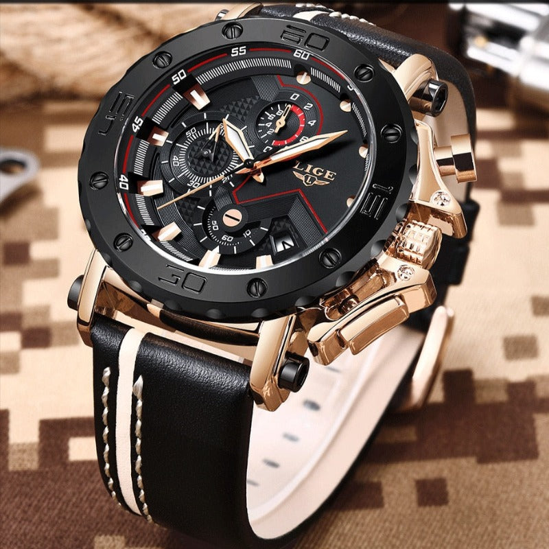 Men’s Military Chronograph Sports Watch | 42 mm Case | Leather Strap | 3 ATM Water Resistant