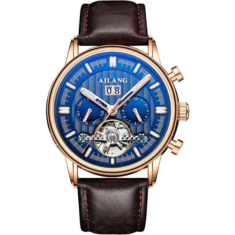 Men’s Tourbillon-Style Automatic Watch 41 mm | Day-Date Dual Subdial | Leather Strap | 3 ATM