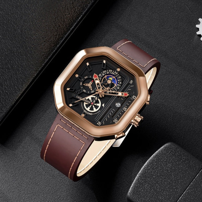 Men’s Square Chronograph 45 mm | Quartz, Moonphase & Calendar | Leather Strap | 3 ATM