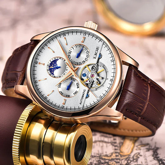 Men’s Automatic Moonphase Tourbillon Watch | 43 mm | Leather Strap | Multi-Function Calendar