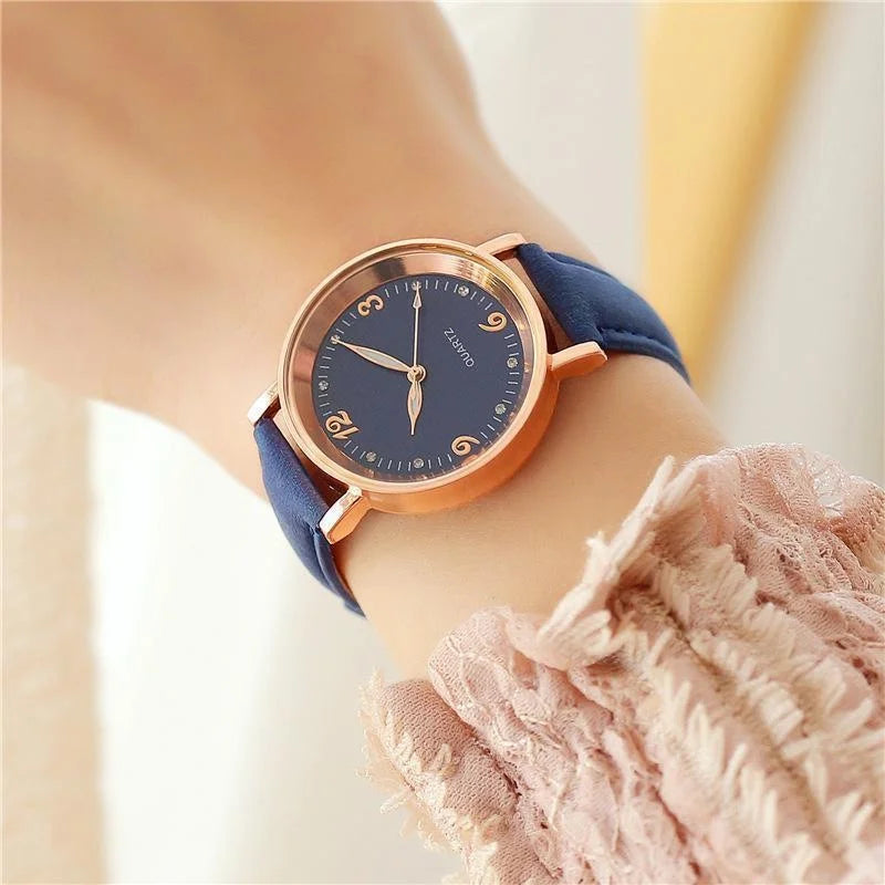 Women’s Elegant Quartz Watch | Slim Case | Crystal Hour Markers | Leather Strap