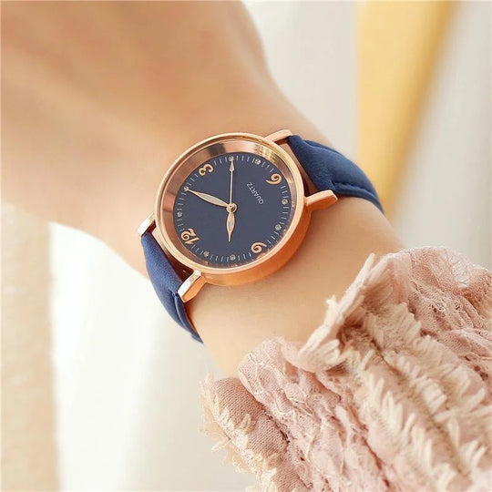 Women’s Elegant Quartz Watch | Slim Case | Crystal Hour Markers | Leather Strap