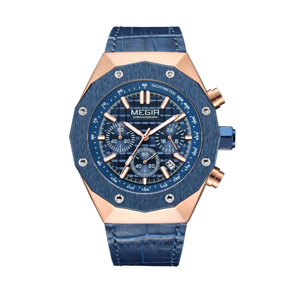 Men's Chronograph Watch 44 mm | Octagonal Bezel Design | Leather Strap | Quartz Movement | 3 ATM