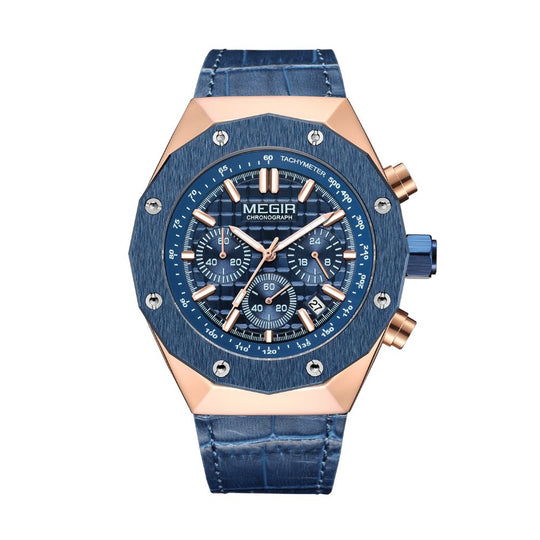 Men's Chronograph Watch 44 mm | Octagonal Bezel Design | Leather Strap | Quartz Movement | 3 ATM