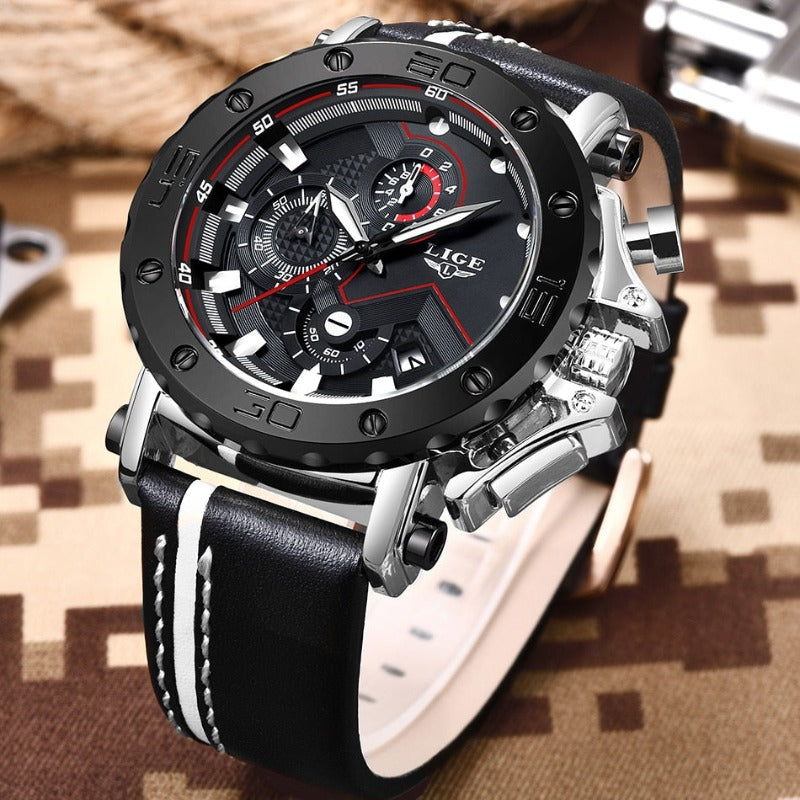 Men’s Military Chronograph Sports Watch | 42 mm Case | Leather Strap | 3 ATM Water Resistant