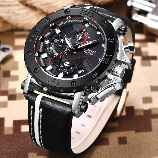 Men’s Military Chronograph Sports Watch | 42 mm Case | Leather Strap | 3 ATM Water Resistant