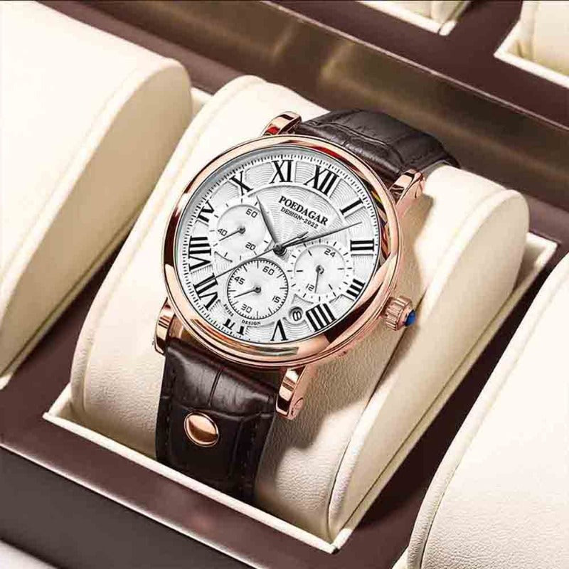 Men’s Classic Chronograph Quartz Watch | 40 mm Case | Roman Dial | Leather Strap | Date Display