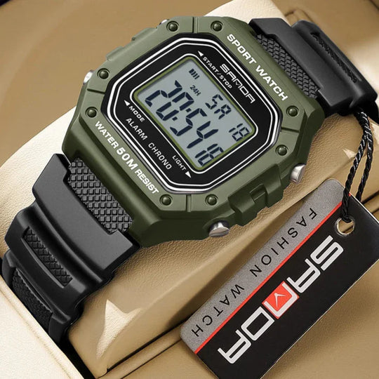 Men’s Military Digital Sport Watch 42 mm | 50 m Water Resistant | Chronograph, Alarm & LED | Green/Black Strap