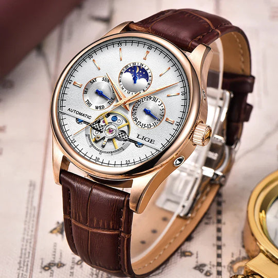 Men’s Automatic Moonphase Tourbillon Watch | 43 mm | Leather Strap | Multi-Function Calendar