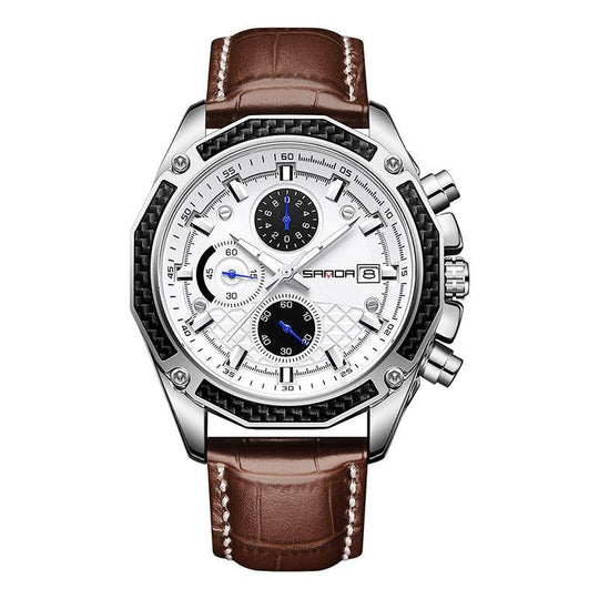 Men’s Racing Chronograph Quartz Watch | 42 mm Case | Brown Leather Strap | Date & Luminous | 3 ATM Water Resistant