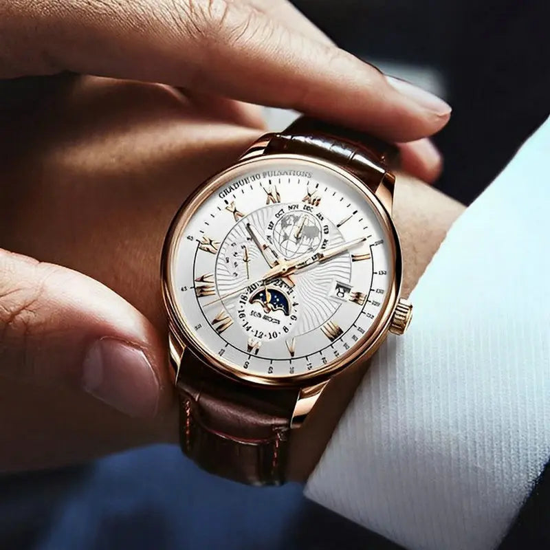 Men’s Business Moonphase Quartz Watch | Chronograph-Style Dial & Date | Leather Strap