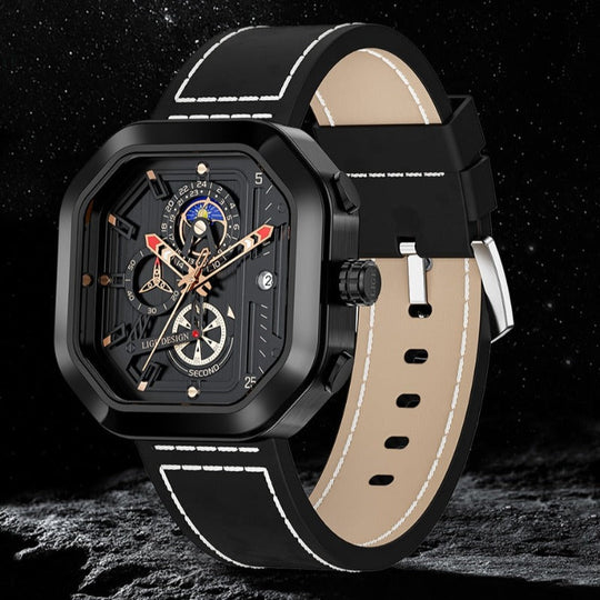 Men’s Square Chronograph 45 mm | Quartz, Moonphase & Calendar | Leather Strap | 3 ATM