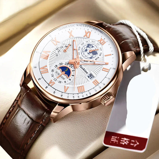 Men’s Business Moonphase Quartz Watch | Chronograph-Style Dial & Date | Leather Strap