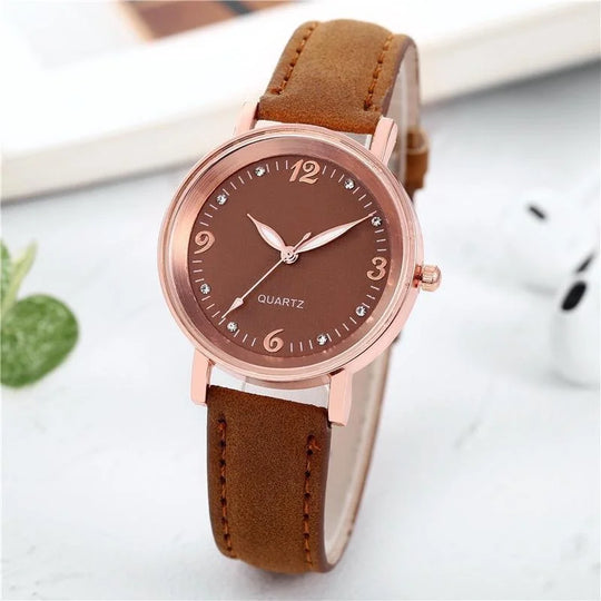 Women’s Elegant Quartz Watch | Slim Case | Crystal Hour Markers | Leather Strap