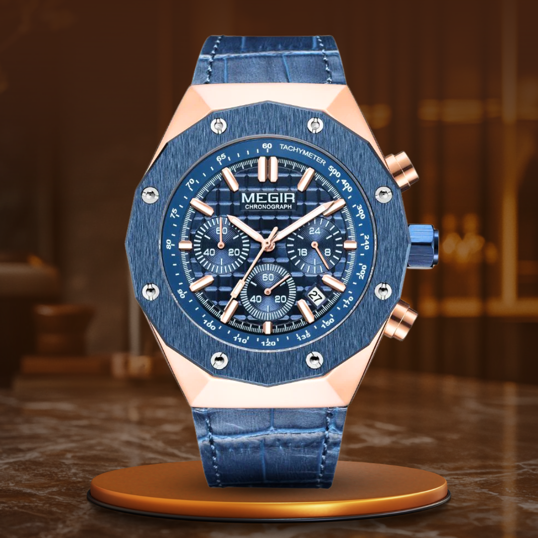 Men's Chronograph Watch 44 mm | Octagonal Bezel Design | Leather Strap | Quartz Movement | 3 ATM