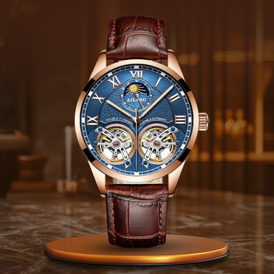 Men’s Automatic Mechanical Watch | 41 mm | Tourbillon-Style Dual Balance | Moon Phase | Leather Strap | 5 ATM Water Resistant