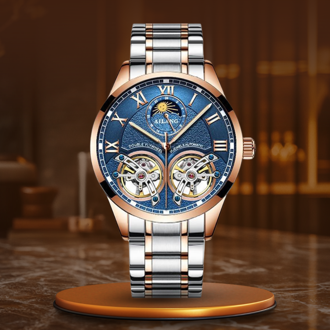 Men’s Automatic Mechanical Watch | 41 mm | Tourbillon-Style Dual Balance | Moon Phase | Leather Strap | 5 ATM Water Resistant