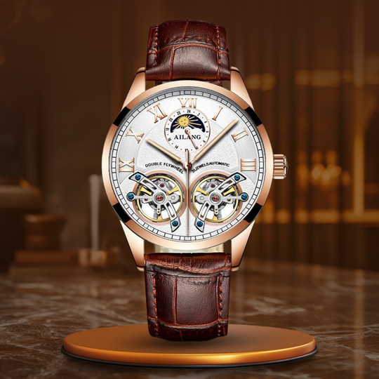 Men’s Automatic Mechanical Watch | 41 mm | Tourbillon-Style Dual Balance | Moon Phase | Leather Strap | 5 ATM Water Resistant