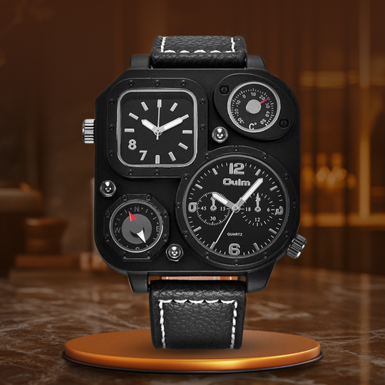 Men’s Tactical Dual-Time Watch 51 mm | 4 Dials with Compass & Thermometer | Leather Strap