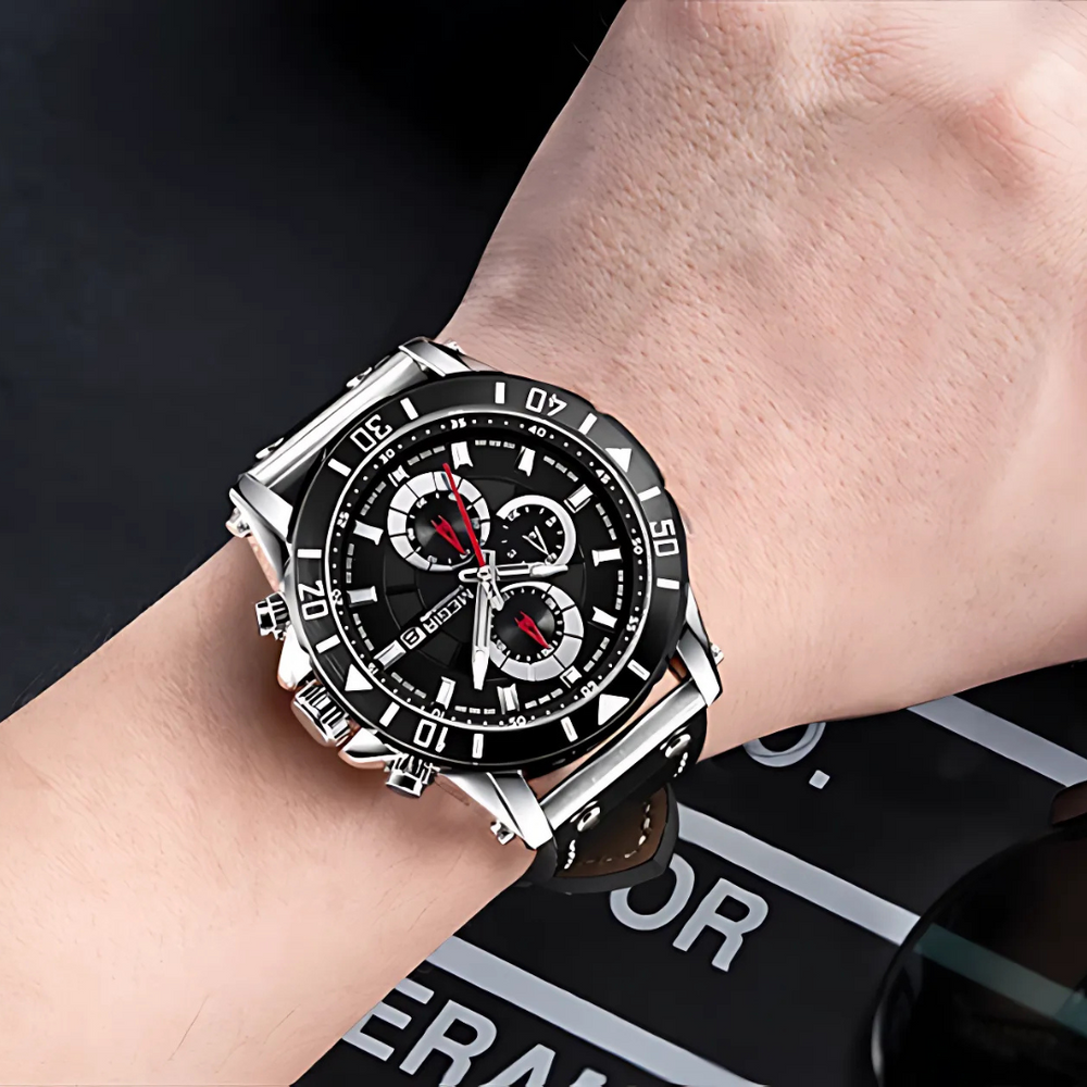 Men’s Military Chronograph Quartz Watch | 48 mm Case | Leather Strap | Date & Stopwatch | 3 ATM