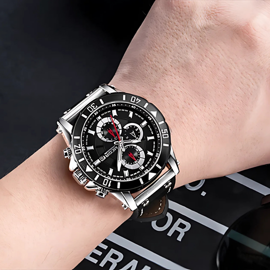 Men’s Military Chronograph Quartz Watch | 48 mm Case | Leather Strap | Date & Stopwatch | 3 ATM