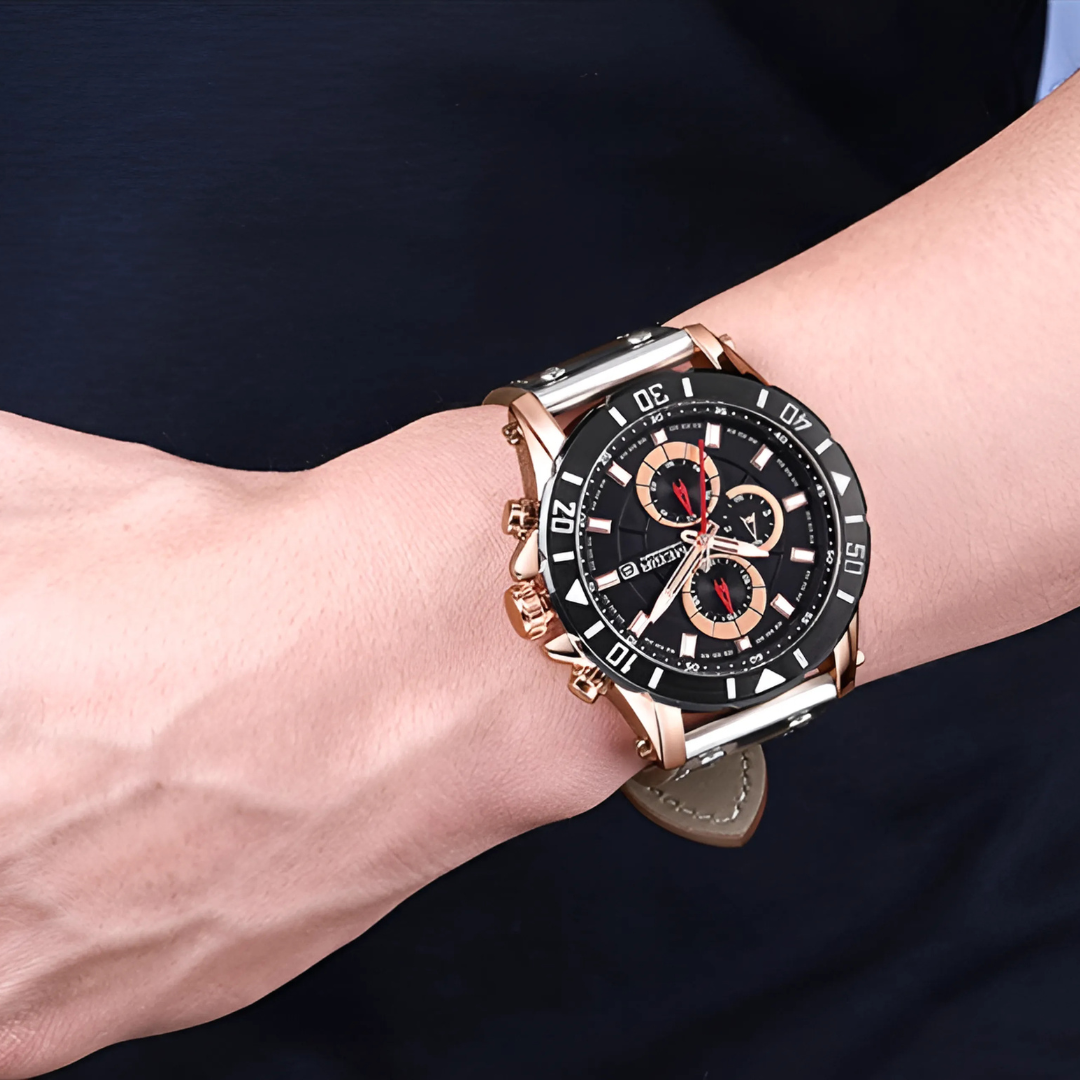 Men’s Military Chronograph Quartz Watch | 48 mm Case | Leather Strap | Date & Stopwatch | 3 ATM