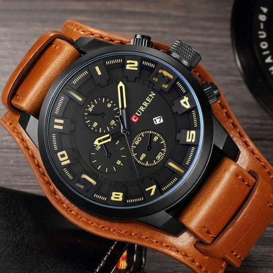 Men’s Military Sports Quartz Watch | 46 mm Case | Leather Strap | Date Display | 3 ATM