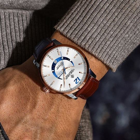 Men’s Elegant Moonphase Watch | 42 mm Case | Leather Strap | 3 ATM Water Resistant