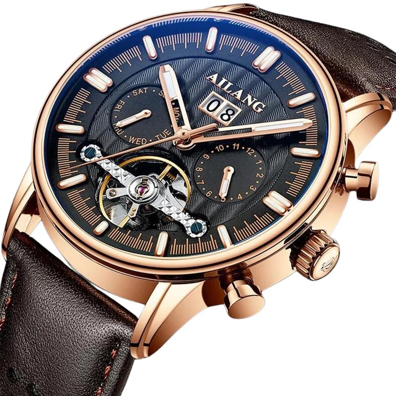 Men’s Tourbillon-Style Automatic Watch 41 mm | Day-Date Dual Subdial | Leather Strap | 3 ATM