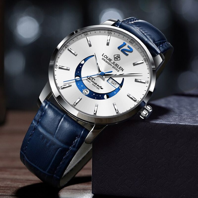 Men’s Elegant Moonphase Watch | 42 mm Case | Leather Strap | 3 ATM Water Resistant